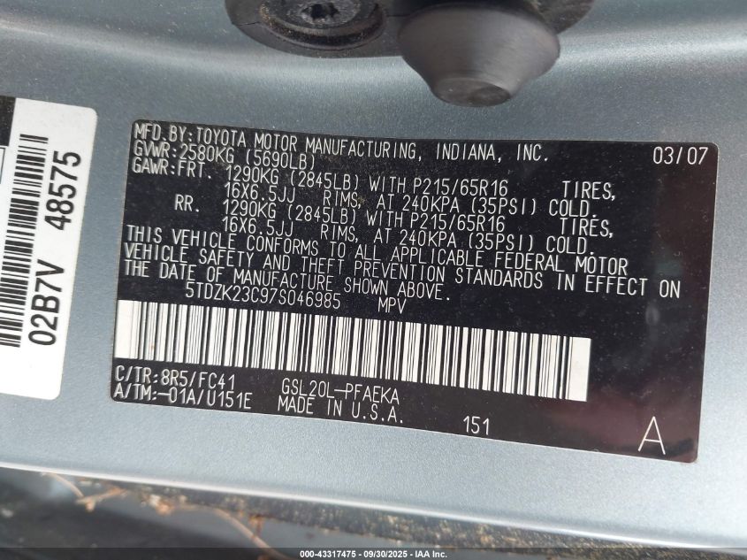 2007 Toyota Sienna Le VIN: 5TDZK23C97S046985 Lot: 43317475