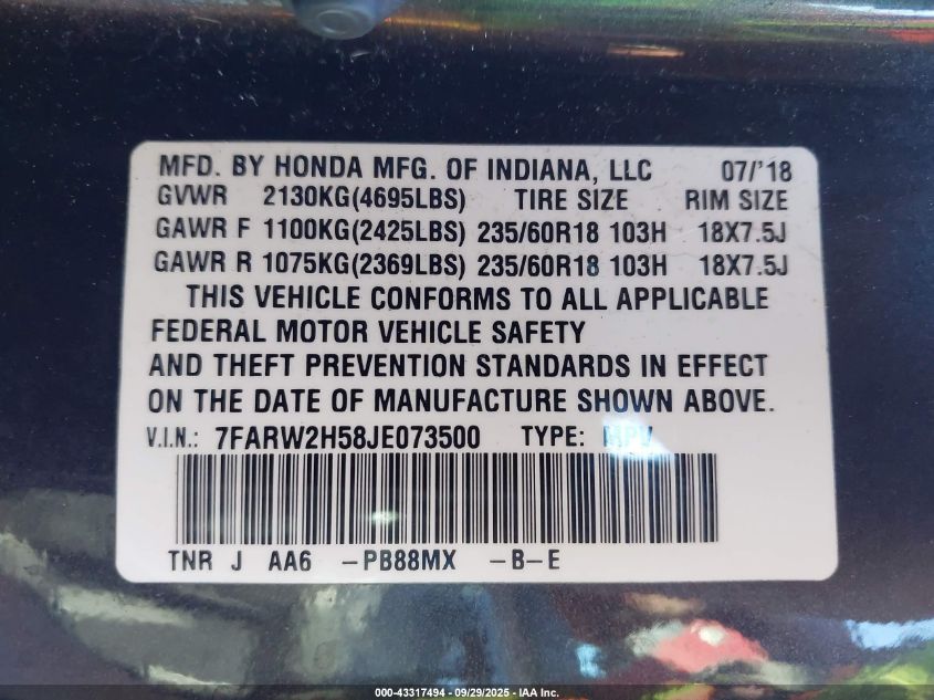 2018 Honda Cr-V Ex VIN: 7FARW2H58JE073500 Lot: 43317494