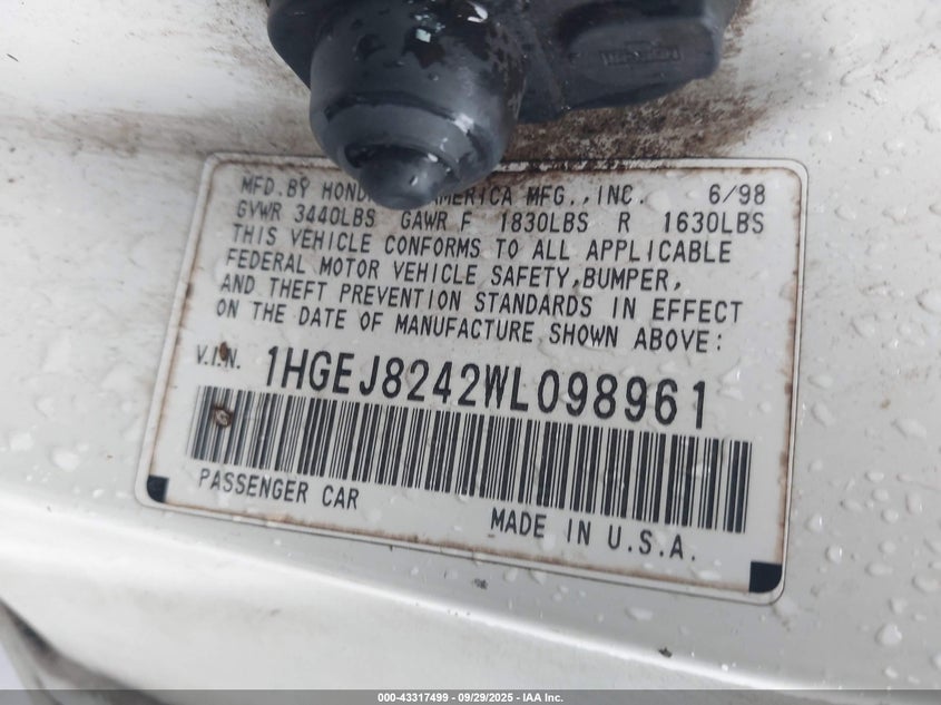 1998 Honda Civic Ex VIN: 1HGEJ8242WL098961 Lot: 43317499