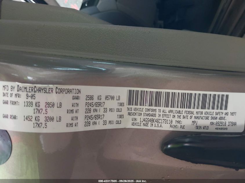 2006 Jeep Grand Cherokee Laredo VIN: 1J4GS48K46C173110 Lot: 43317505