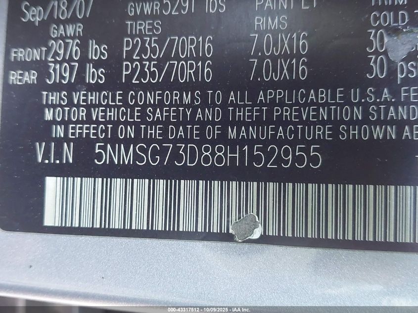 2008 Hyundai Santa Fe Gls VIN: 5NMSG73D88H152955 Lot: 43317512