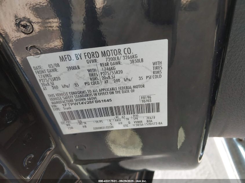 2008 Ford F-150 60Th Anniversary/Fx4/King Ranch/Lariat/Xlt VIN: 1FTPW14V28FB61645 Lot: 43317531