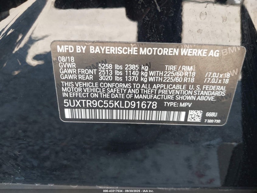 2019 BMW X3 XDRIVE30I - 5UXTR9C55KLD91678