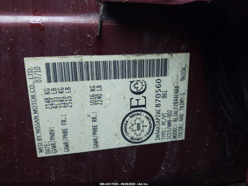 2010 Nissan Maxima 3.5 Sv VIN: 1N4AA5AP2AC870560 Lot: 43317535