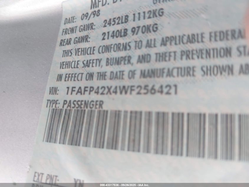 1998 Ford Mustang Gt VIN: 1FAFP42X4WF256421 Lot: 43317536