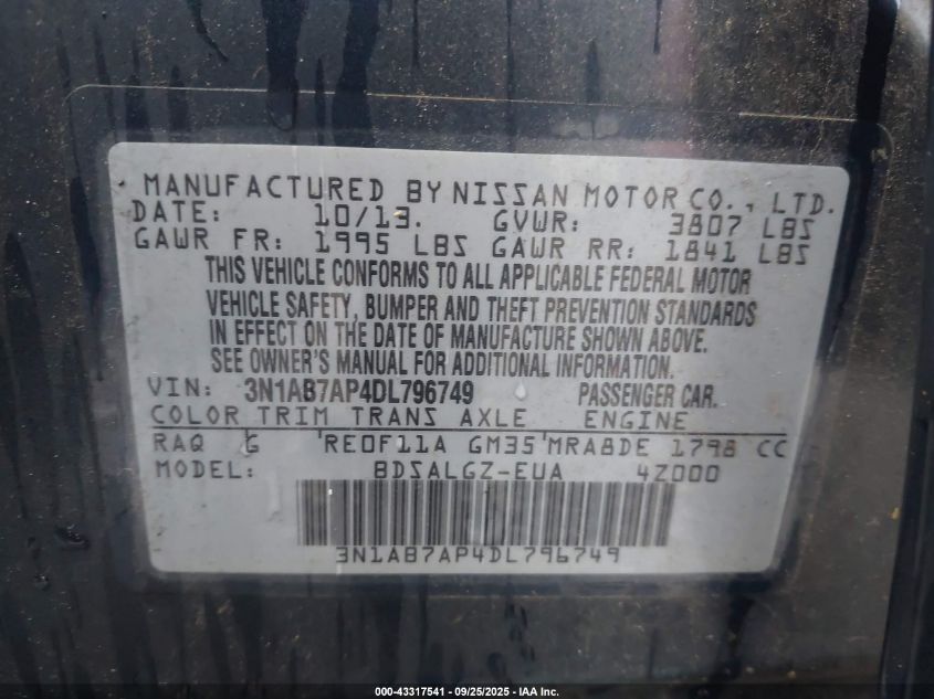 2013 Nissan Sentra Sl VIN: 3N1AB7AP4DL796749 Lot: 43317541