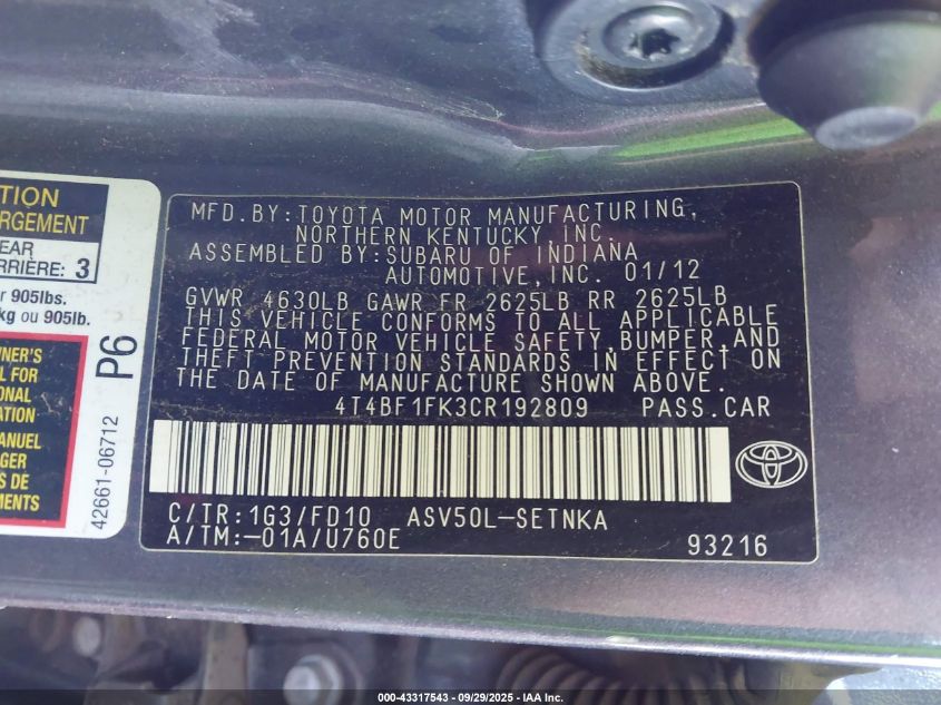 2012 Toyota Camry Le VIN: 4T4BF1FK3CR192809 Lot: 43317543