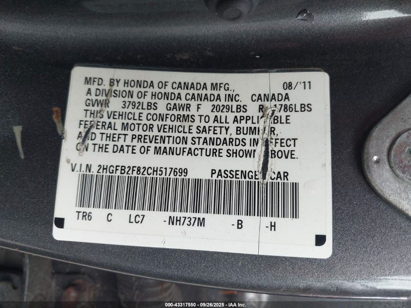 2012 Honda Civic Ex VIN: 2HGFB2F82CH517699 Lot: 43317550