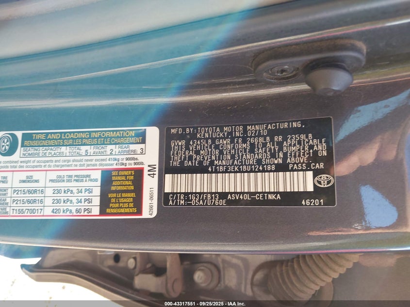 2011 Toyota Camry Le VIN: 4T1BF3EK1BU124188 Lot: 43317551