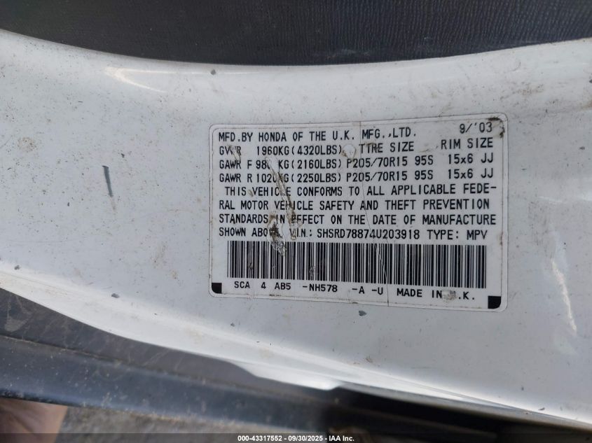 2004 Honda Cr-V Ex VIN: SHSRD78874U203918 Lot: 43317552