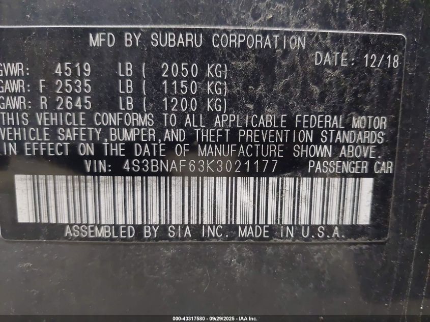 2019 Subaru Legacy 2.5I Premium VIN: 4S3BNAF63K3021177 Lot: 43317580