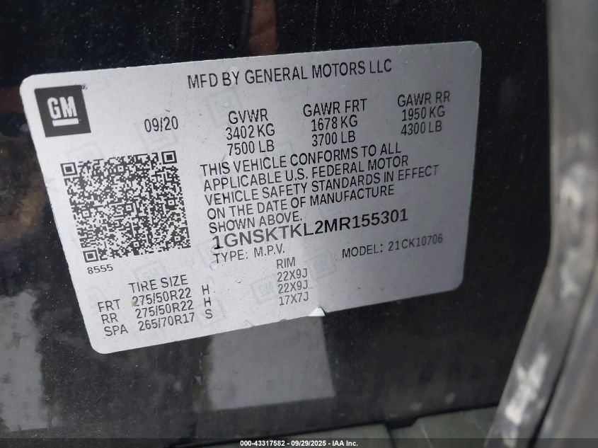 2021 Chevrolet Tahoe 4Wd High Country VIN: 1GNSKTKL2MR155301 Lot: 43317582