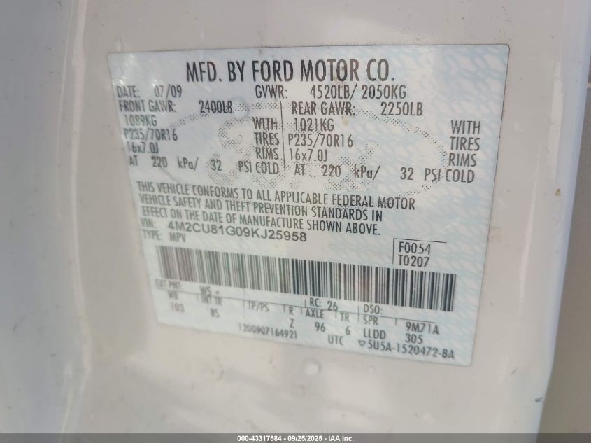 2009 Mercury Mariner V6 VIN: 4M2CU81G09KJ25958 Lot: 43317584