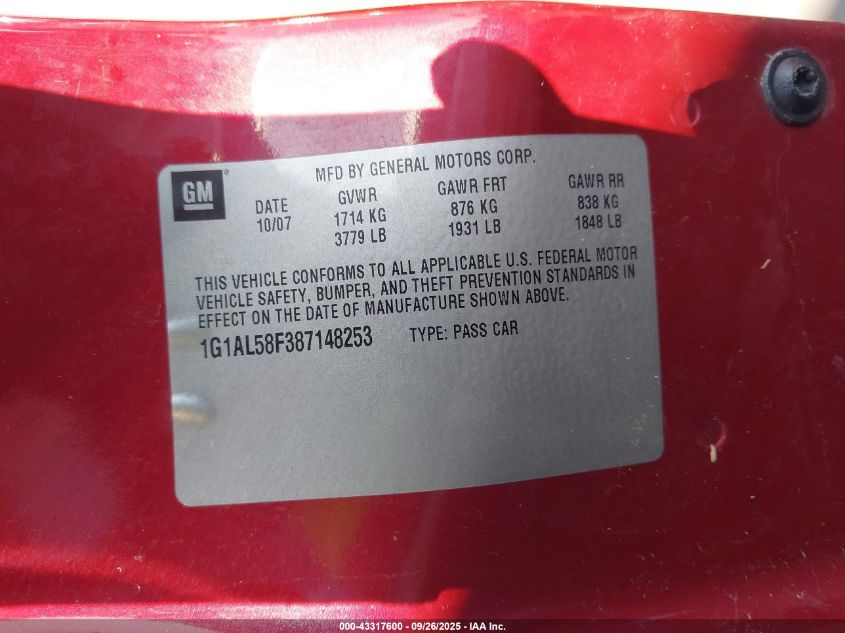 2008 Chevrolet Cobalt Lt VIN: 1G1AL58F387148253 Lot: 43317600