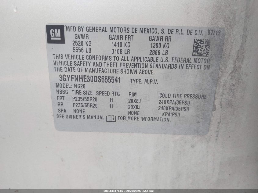 2013 Cadillac Srx Performance Collection VIN: 3GYFNHE30DS655541 Lot: 43317615