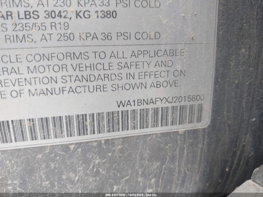 2018 Audi Q5 2.0T Premium/2.0T Tech Premium VIN: WA1BNAFYXJ2015800 Lot: 43317620