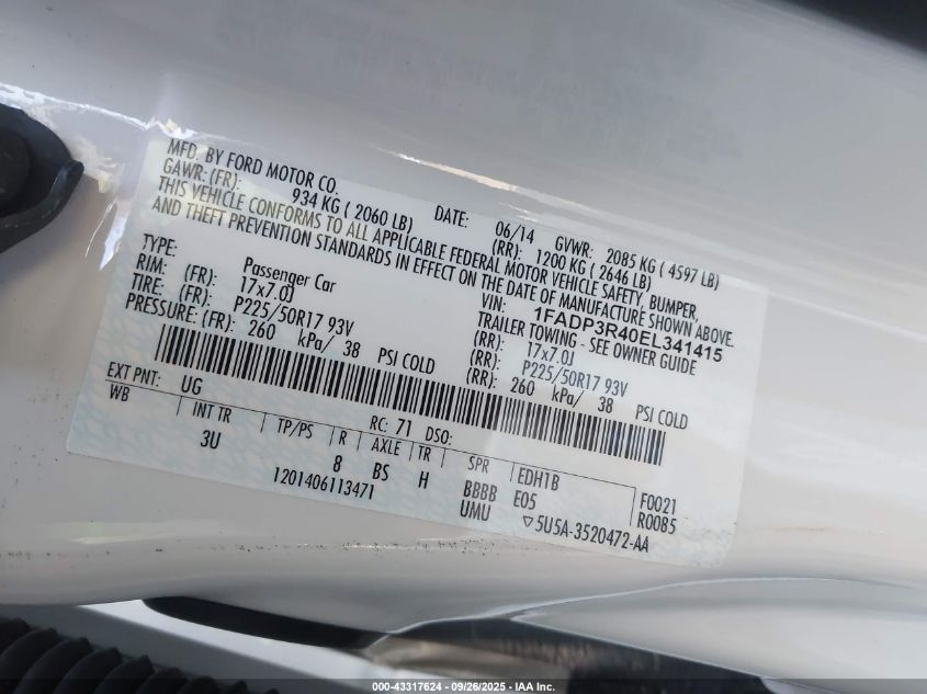 2014 Ford Focus Electric VIN: 1FADP3R40EL341415 Lot: 43317624