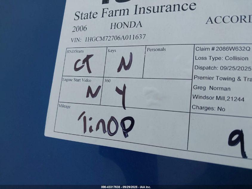 2006 Honda Accord 2.4 Ex VIN: 1HGCM72706A011637 Lot: 43317638