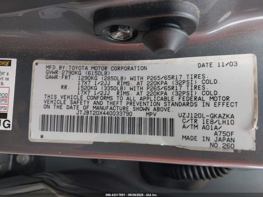 2004 Lexus Gx 470 VIN: JTJBT20X440033790 Lot: 43317651