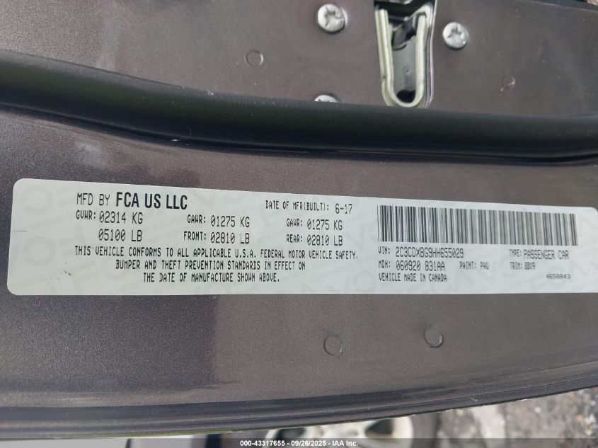 2017 Dodge Charger Se Rwd VIN: 2C3CDXBG9HH655029 Lot: 43317655