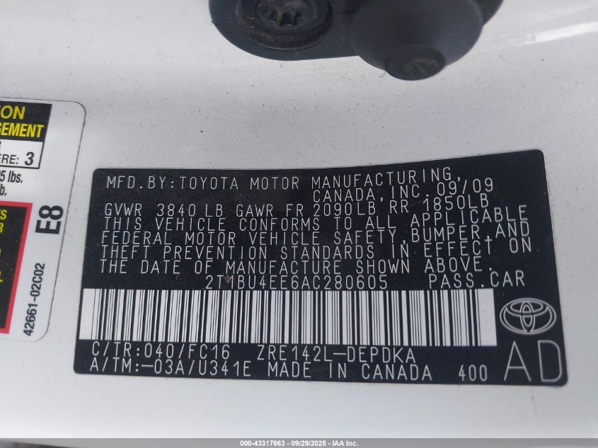 2010 Toyota Corolla Le VIN: 2T1BU4EE6AC280605 Lot: 43317663