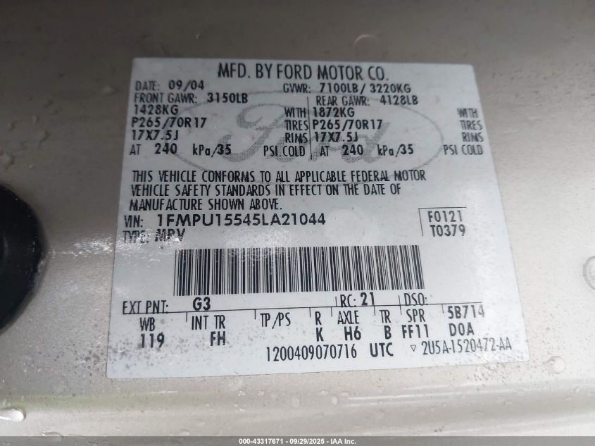 2005 Ford Expedition Xlt VIN: 1FMPU15545LA21044 Lot: 43317671