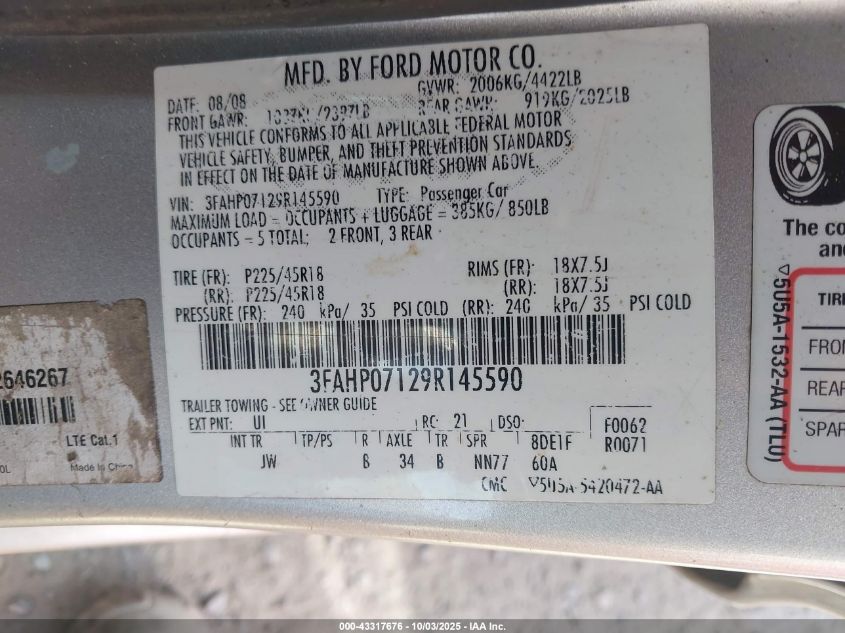 2009 Ford Fusion Se VIN: 3FAHP07129R145590 Lot: 43317676