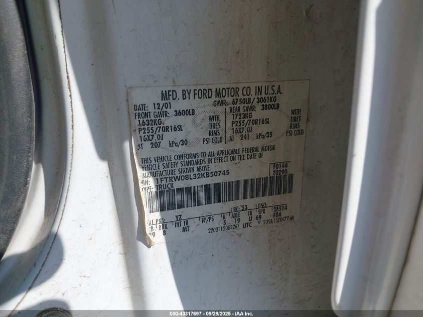 2002 Ford F-150 Lariat/Xlt VIN: 1FTRW08L32KB50745 Lot: 43317697