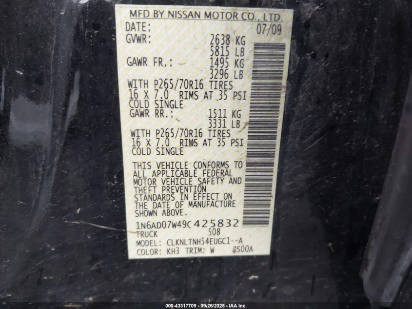 2009 Nissan Frontier Se VIN: 1N6AD07W49C425832 Lot: 43317709