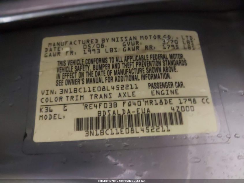 2008 Nissan Versa 1.8S VIN: 3N1BC11E08L452211 Lot: 43317708