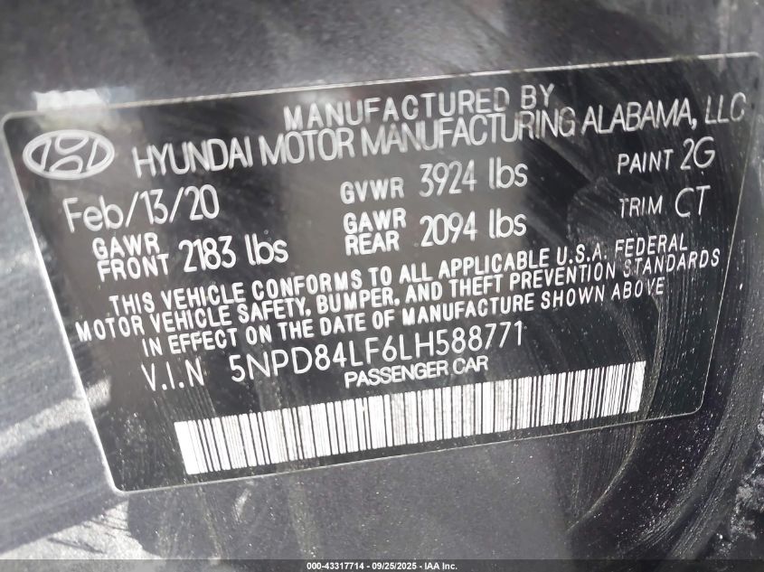 2020 Hyundai Elantra Sel VIN: 5NPD84LF6LH588771 Lot: 43317714