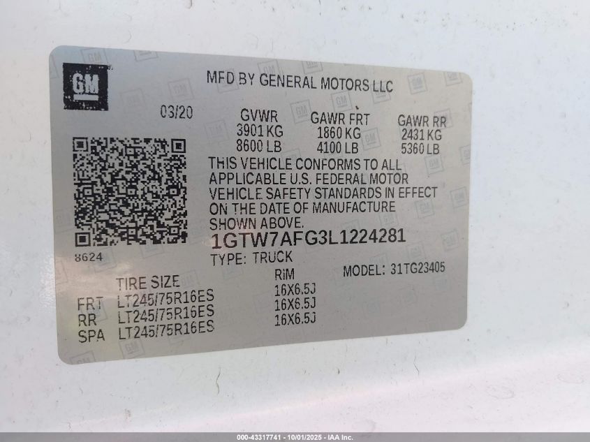 2020 GMC Savana Cargo Rwd 2500 Regular Wheelbase Work Van VIN: 1GTW7AFG3L1224281 Lot: 43317741