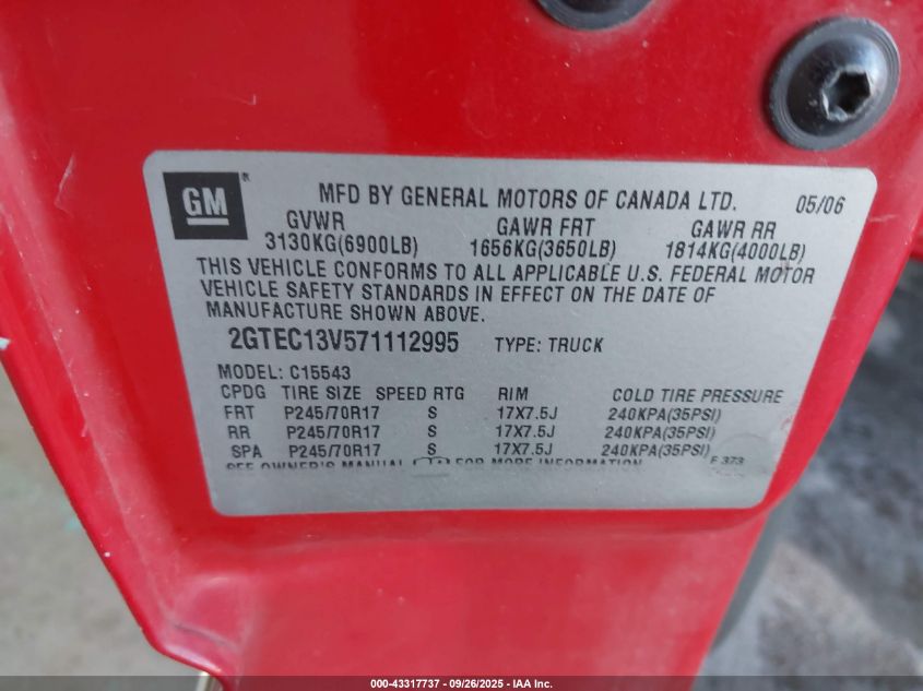 2007 GMC Sierra 1500 Classic Sl VIN: 2GTEC13V571112995 Lot: 43317737