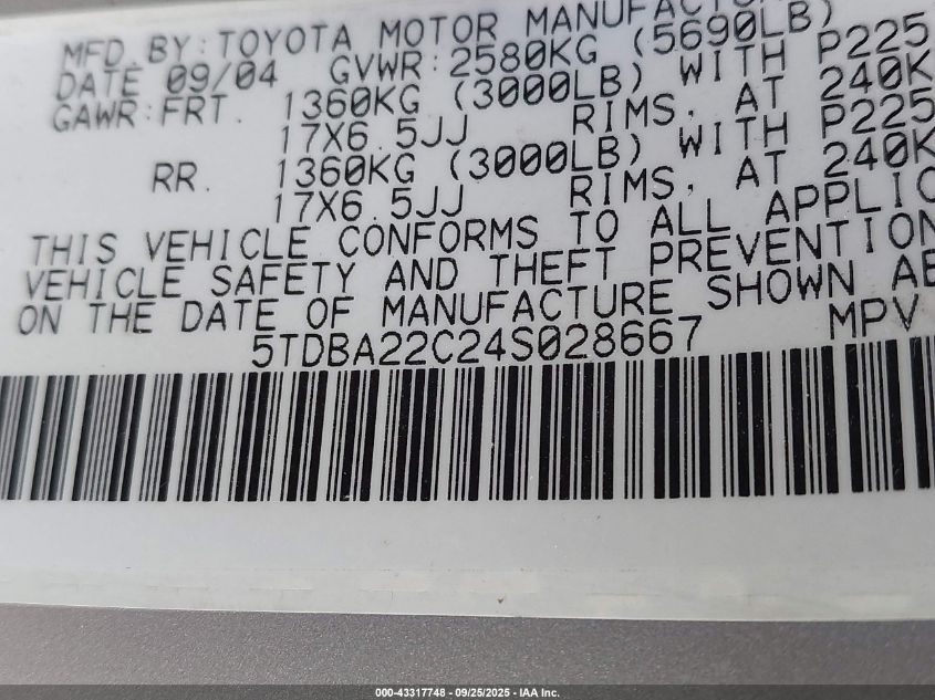2004 Toyota Sienna Xle Limited VIN: 5TDBA22C24S028667 Lot: 43317748