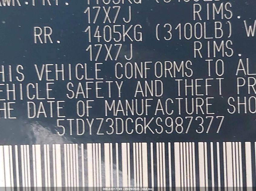 2019 Toyota Sienna Xle 8 Passenger VIN: 5TDYZ3DC6KS987377 Lot: 43317749