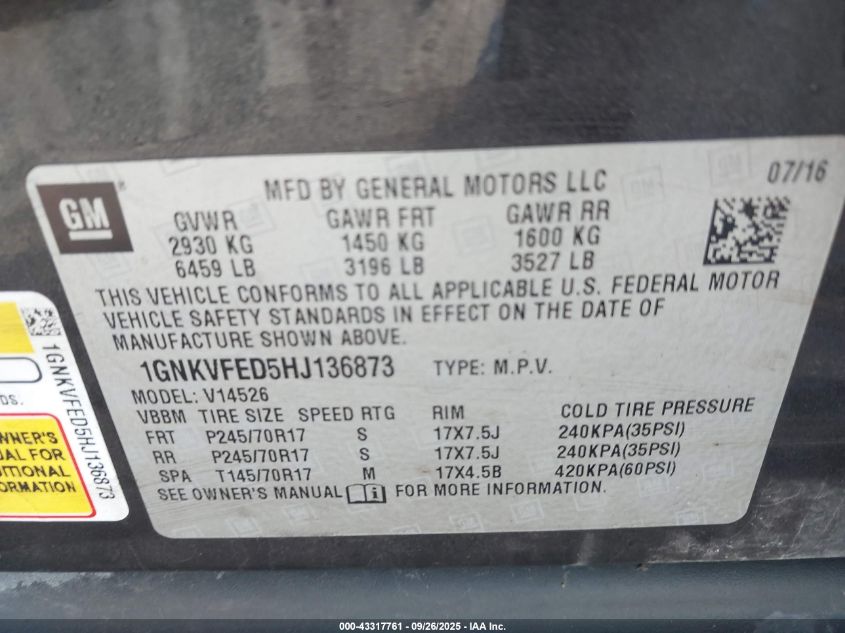 2017 Chevrolet Traverse Ls VIN: 1GNKVFED5HJ136873 Lot: 43317761