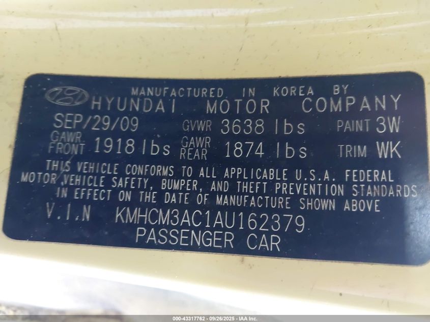 2010 Hyundai Accent Gs VIN: KMHCM3AC1AU162379 Lot: 43317762