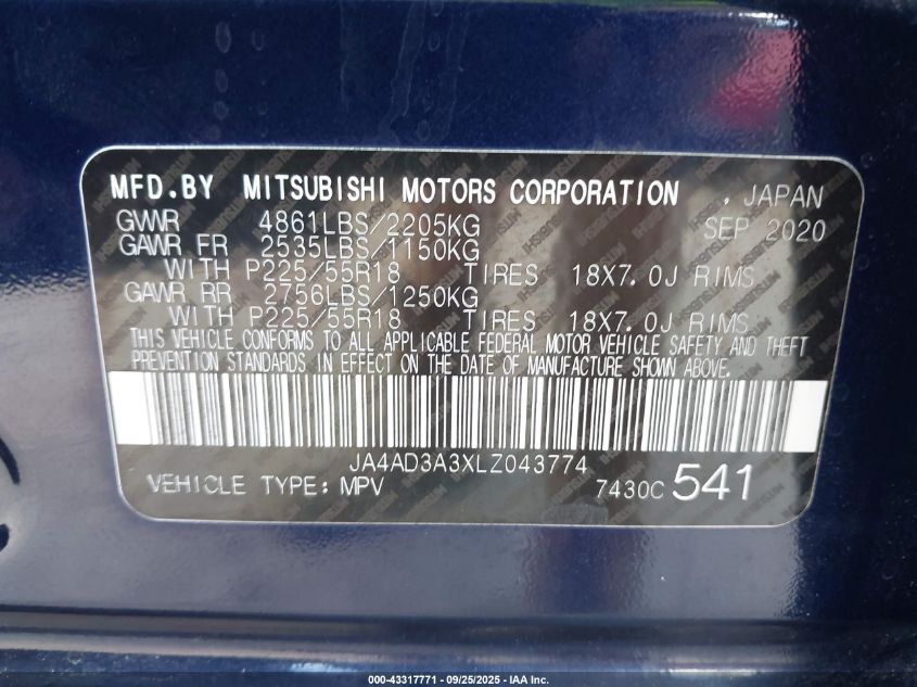 2020 Mitsubishi Outlander Le 2.4/Se 2.4/Sel 2.4/Sp 2.4 VIN: JA4AD3A3XLZ043774 Lot: 43317771