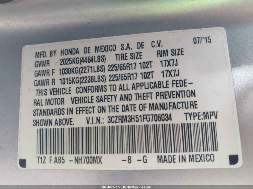 2015 Honda Cr-V Ex VIN: 3CZRM3H51FG706034 Lot: 43317777