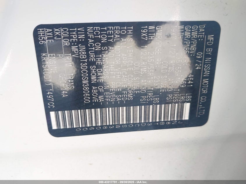 2025 Nissan Rogue Platinum Fwd VIN: JN8BT3DC0SW380600 Lot: 43317791