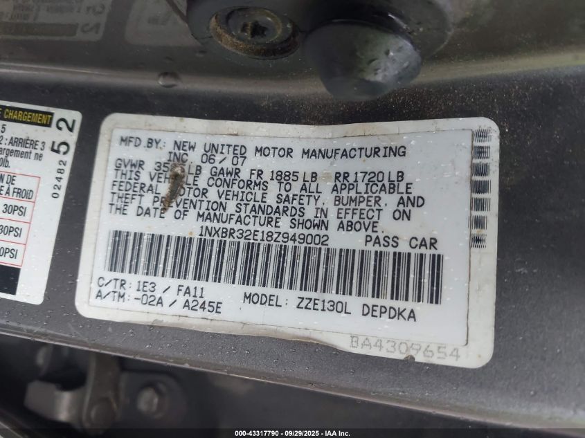 2008 Toyota Corolla Ce VIN: 1NXBR32E18Z949002 Lot: 43317790