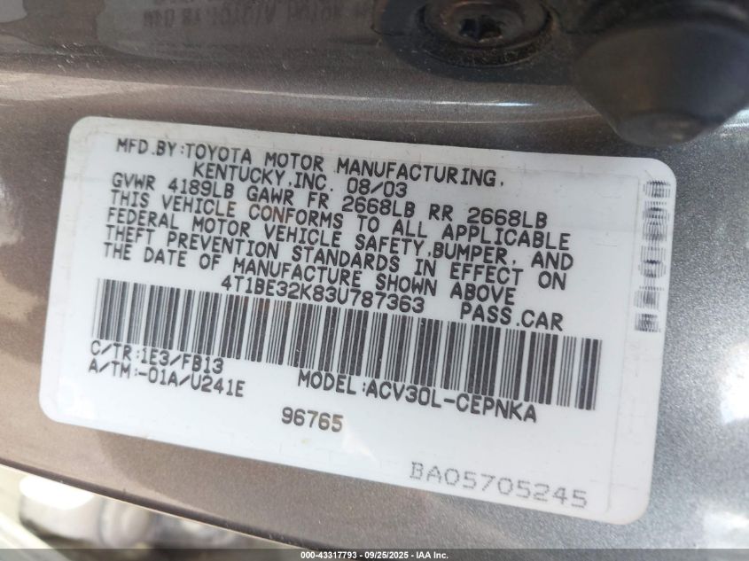 2003 Toyota Camry Le VIN: 4T1BE32K83U787363 Lot: 43317793