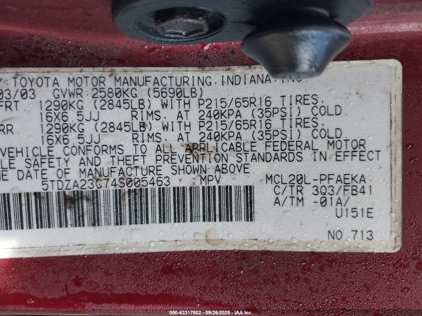 2004 Toyota Sienna Le VIN: 5TDZA23C74S005463 Lot: 43317802