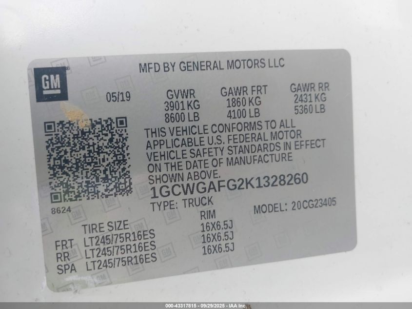 2019 Chevrolet Express 2500 Work Van VIN: 1GCWGAFG2K1328260 Lot: 43317815