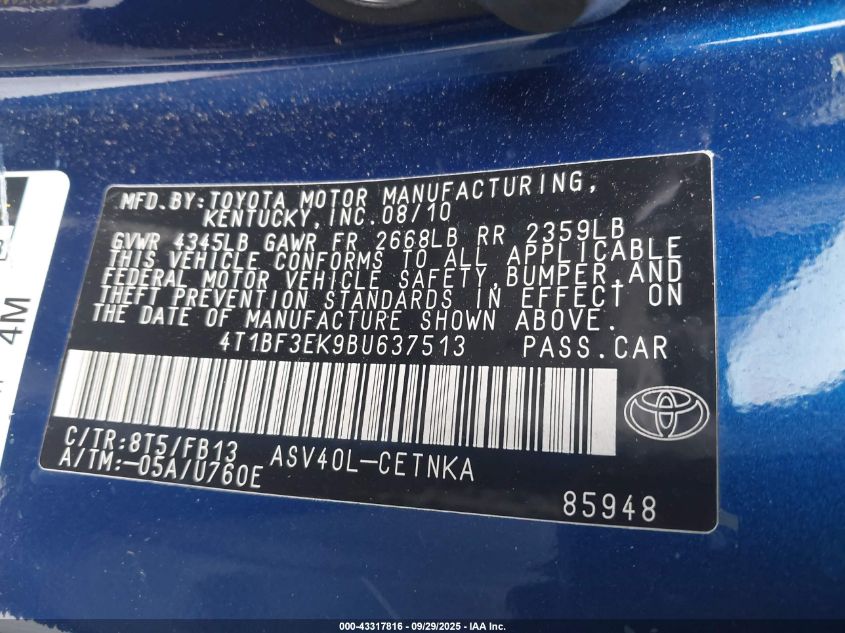 2011 Toyota Camry Le VIN: 4T1BF3EK9BU637513 Lot: 43317816