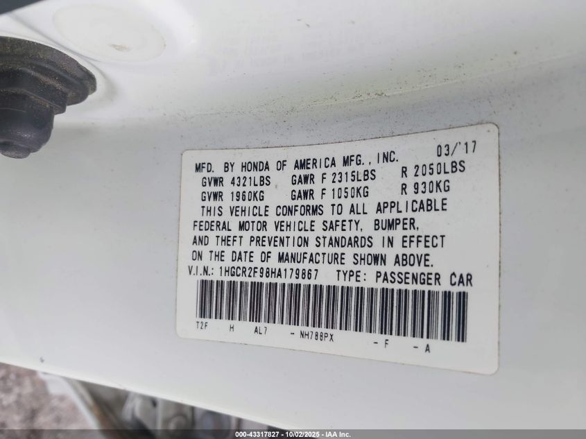 2017 Honda Accord Ex-L VIN: 1HGCR2F98HA179867 Lot: 43317827