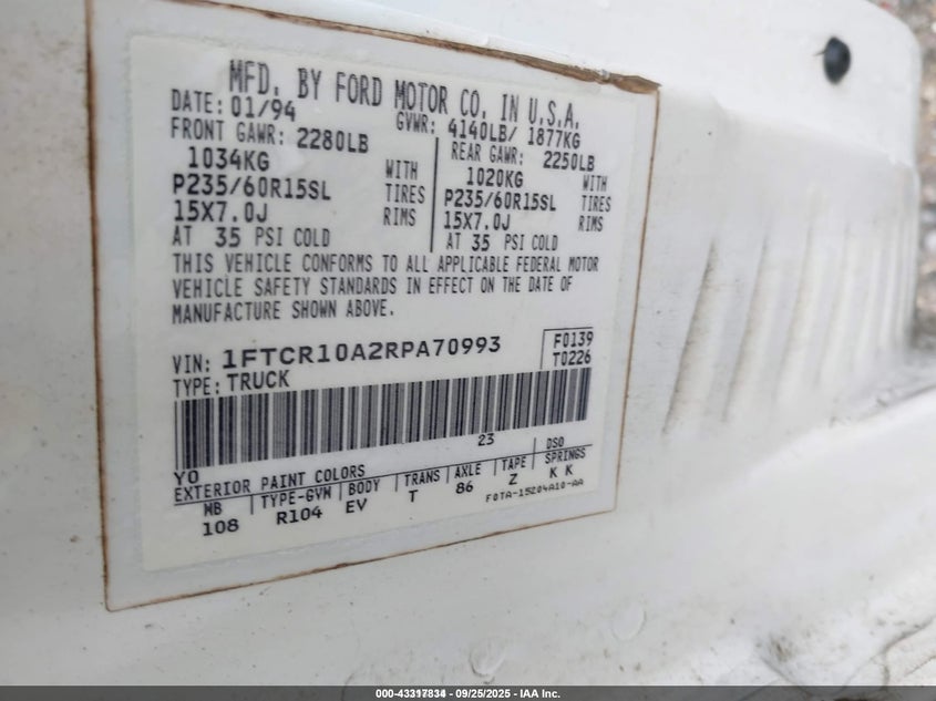 1994 Ford Ranger VIN: 1FTCR10A2RPA70993 Lot: 43317834