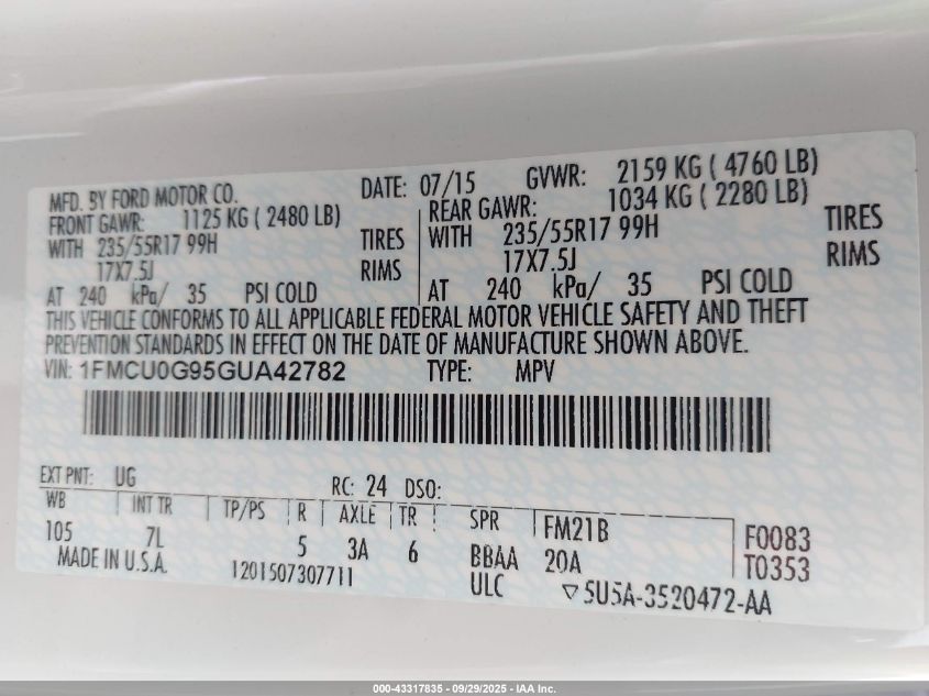 2016 Ford Escape Se VIN: 1FMCU0G95GUA42782 Lot: 43317835