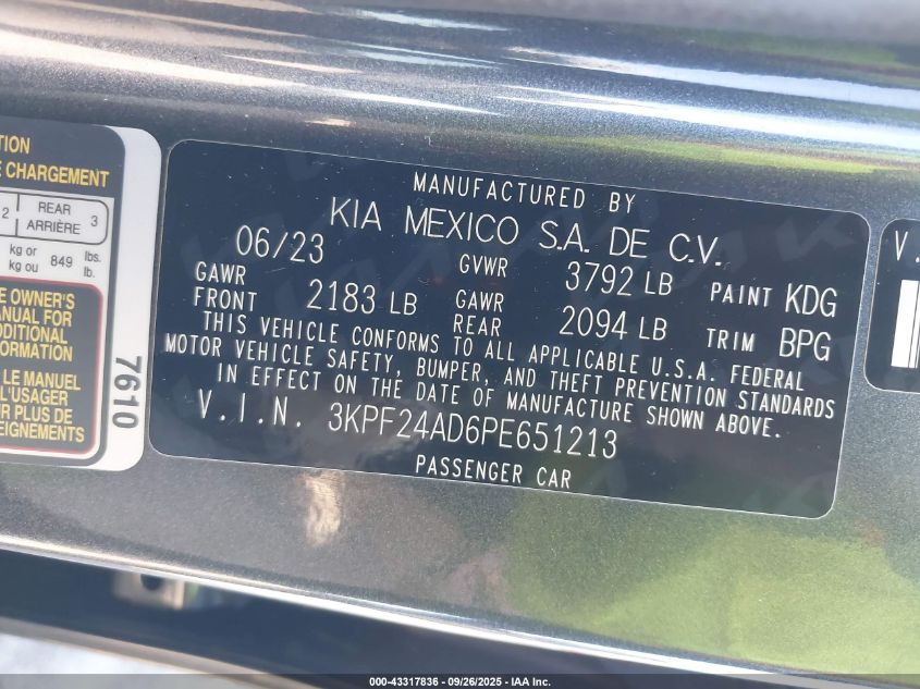2023 Kia Forte Lxs VIN: 3KPF24AD6PE651213 Lot: 43317836