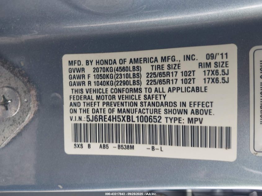 2011 Honda Cr-V Ex VIN: 5J6RE4H5XBL100652 Lot: 43317843